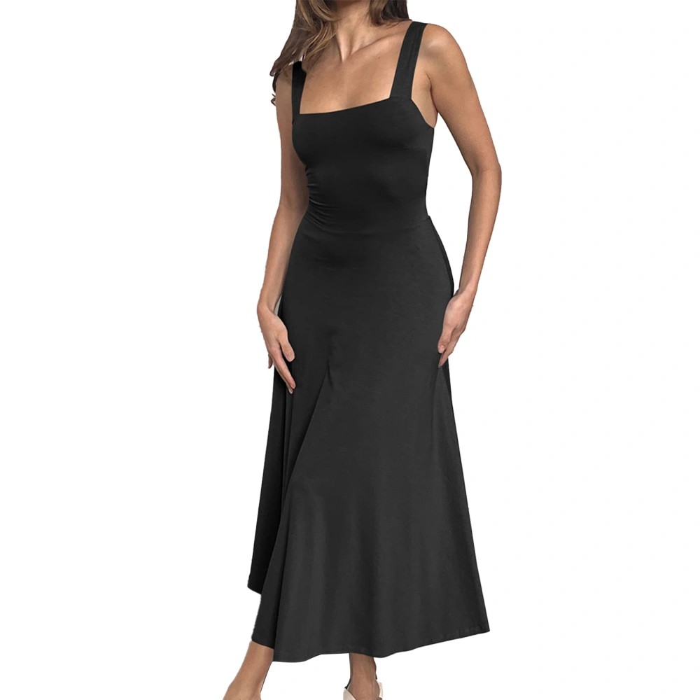 Women A Line Long Solid Dress Low Cut Sleeveless Back Cross Tie Waist Slimming Stylish Pure Color Flowy Dress Black M