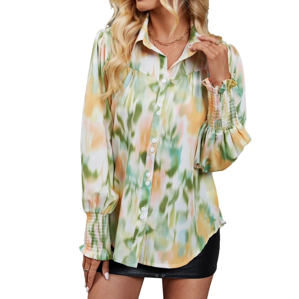 Women Button Up Tie Dye Shirt Loose Fit Lantern Long Sleeve Turn Down Collar Casual Shirt Yellow Green XL