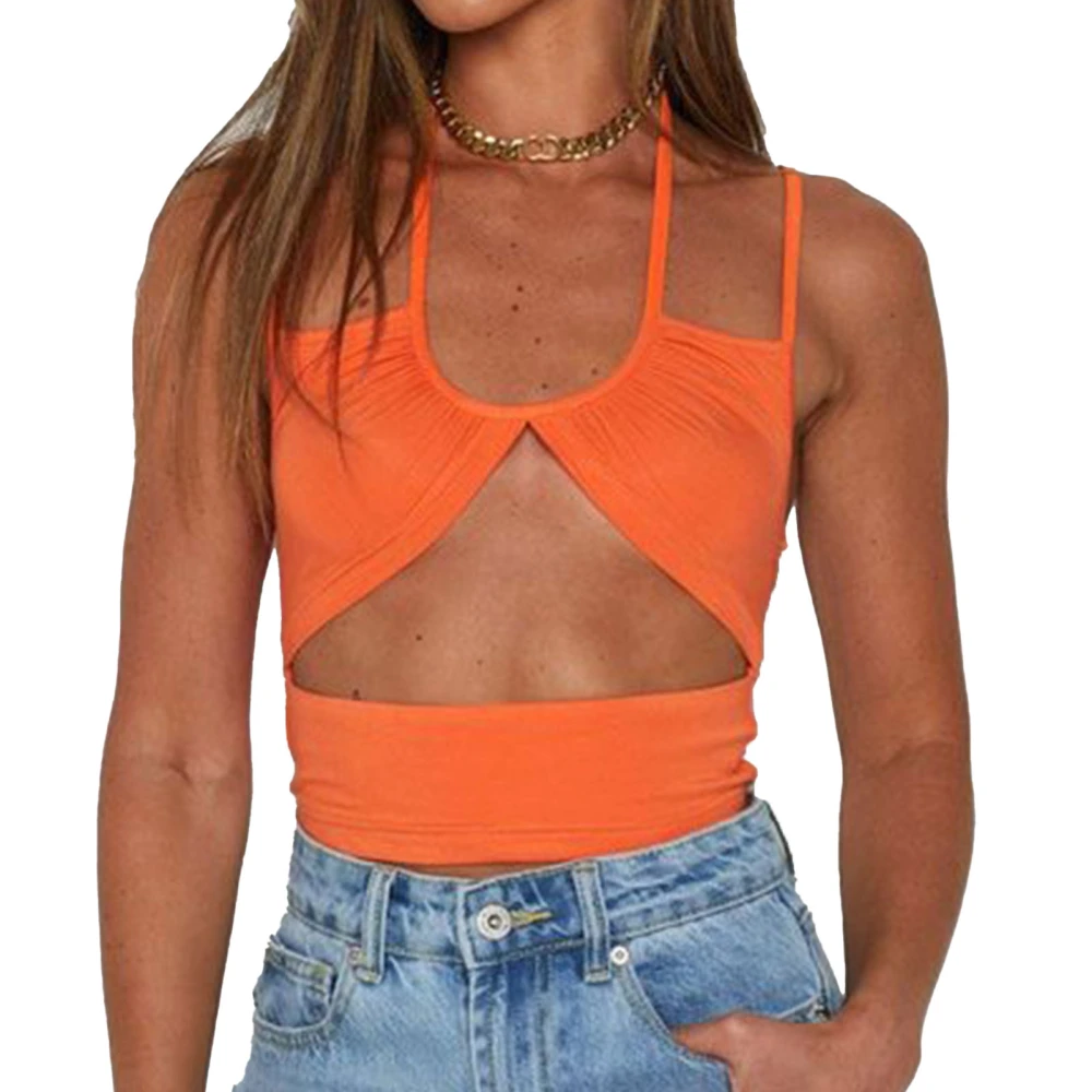 Women Halter Cutout Camisole Pure Color Backless Trendy Slim Fit Casual Spaghetti Strap Top Orange M