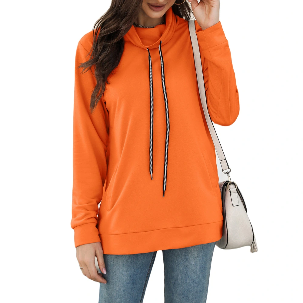 Long Sleeve Pullover Women Top Drawstring High Neck Side Pockets Casual Loose Sweatshirt for Party Shopping Orange XL