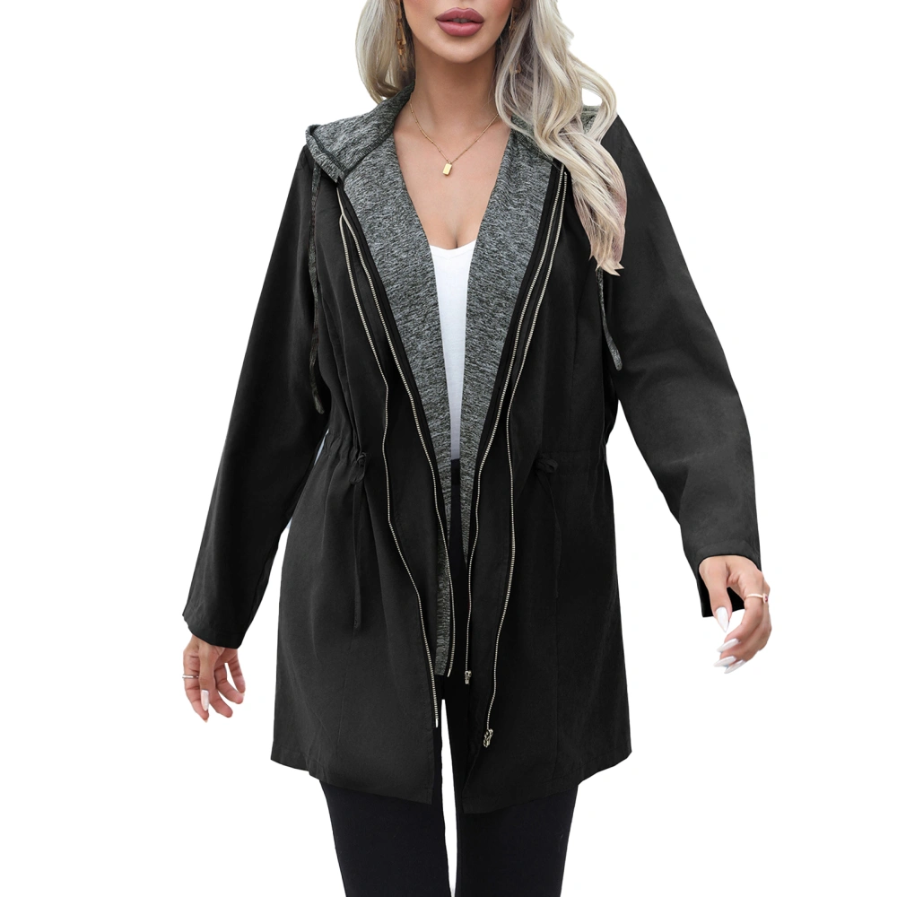 Long Dual Zipper Hoodie Coat Cinched Waist Drawstring Women Long Sleeve Hooded Jacket Black M