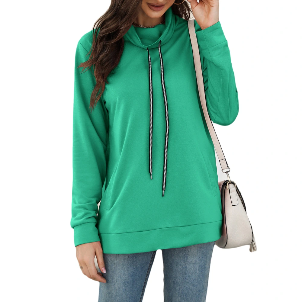 Long Sleeve Pullover Women Top Drawstring High Neck Side Pockets Casual Loose Sweatshirt for Party Shopping Green M