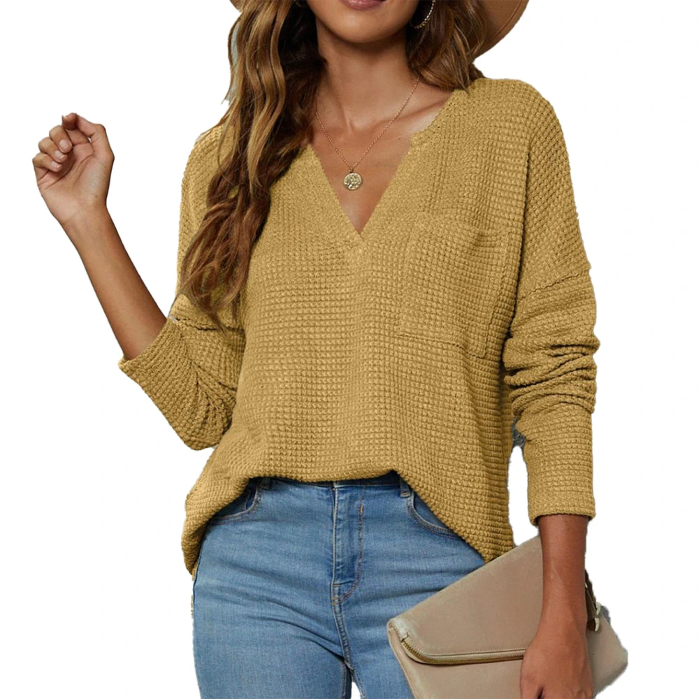 Women V Neck Solid Knit Shirt Pocket Long Sleeve Split Hem Knit Blouse Asymmetry Hem Pure Color Loose Top Yellow L