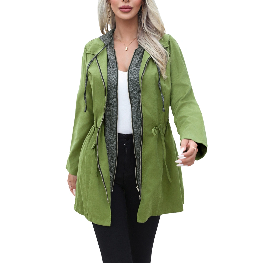 Long Dual Zipper Hoodie Coat Cinched Waist Drawstring Women Long Sleeve Hooded Jacket OD Green S