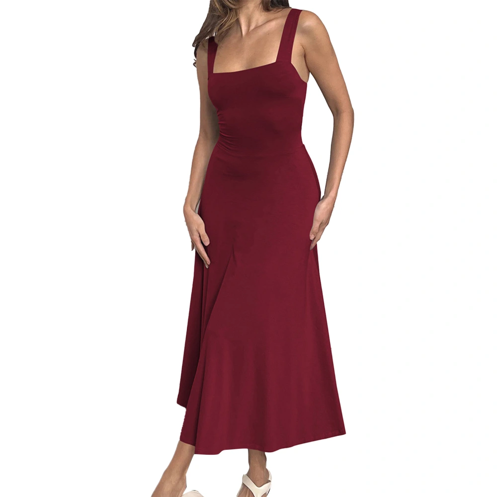 Women A Line Long Solid Dress Low Cut Sleeveless Back Cross Tie Waist Slimming Stylish Pure Color Flowy Dress Burgundy M