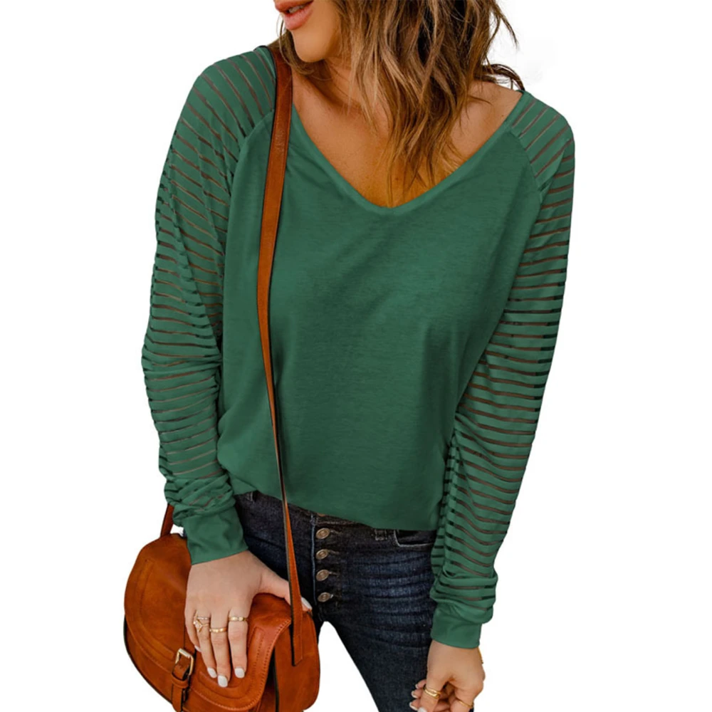 V Neckline Blouse Top Stitching Stripe Fashionable Hollow Long Sleeve Plain Color Blouse for Women Green L