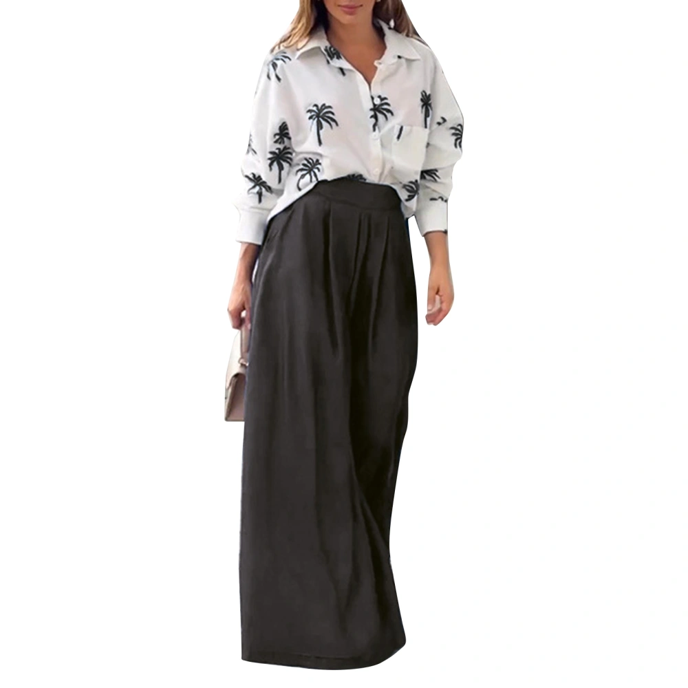 Women Two Piece Print Outfits Long Sleeve Button Up Top Wide Leg Pants Casual Turn Down Collar Shirt Pants Set Black XL