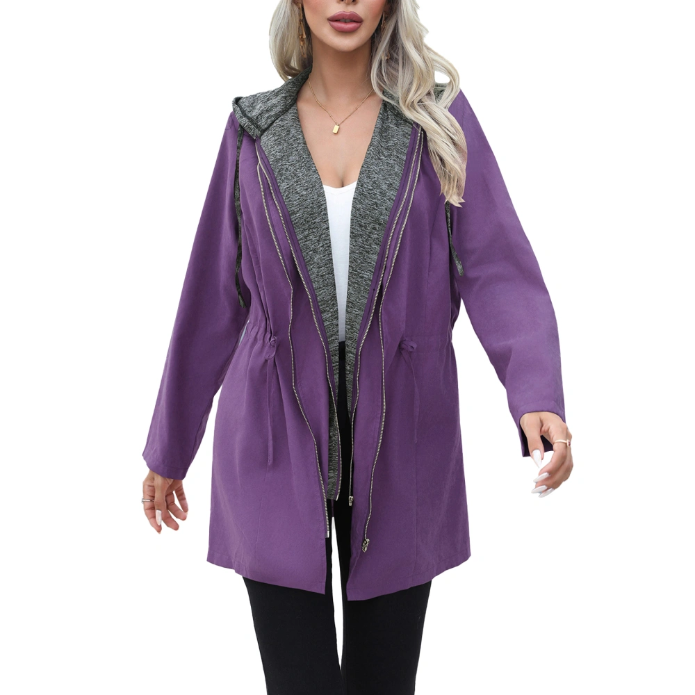 Long Dual Zipper Hoodie Coat Cinched Waist Drawstring Women Long Sleeve Hooded Jacket Purple M