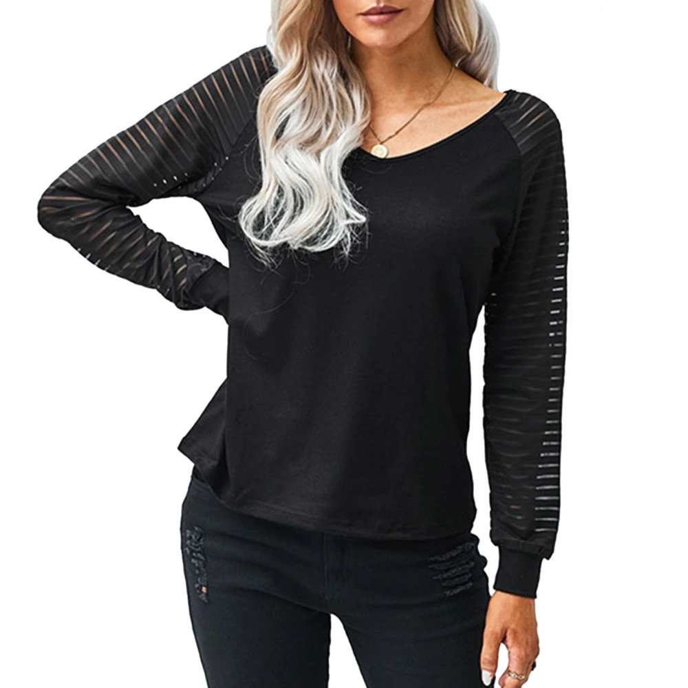 V Neckline Blouse Top Stitching Stripe Fashionable Hollow Long Sleeve Plain Color Blouse for Women Black S