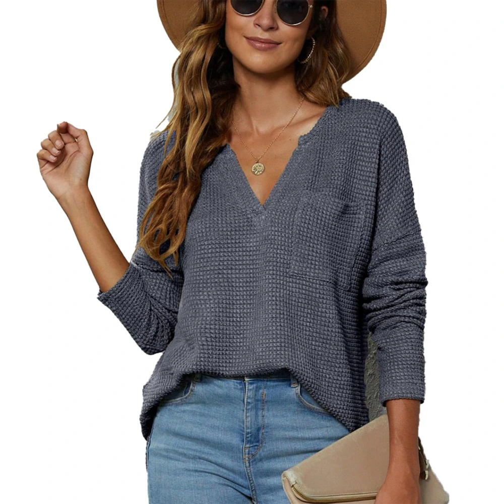 Women V Neck Solid Knit Shirt Pocket Long Sleeve Split Hem Knit Blouse Asymmetry Hem Pure Color Loose Top Grey M