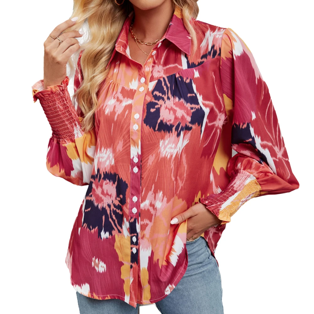 Women Button Up Tie Dye Shirt Loose Fit Lantern Long Sleeve Turn Down Collar Casual Shirt Red XL