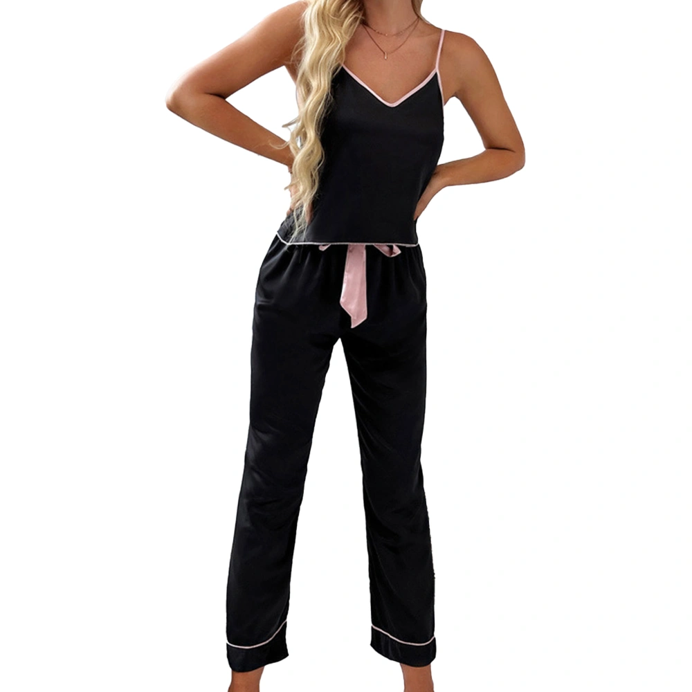 Women 2 Piece Pajama Set Camisole Top Long Pants Lightweight Loungewear Spaghetti Strap Elastic Waist Pants Homewear Set Black L