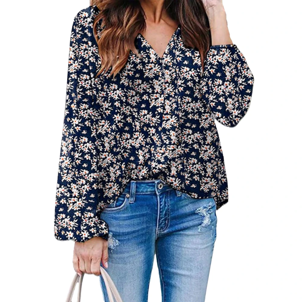 Women Casual Print V Neck Shirt Loose Printed Pullover Blouse Long Sleeve All Match Blouse Black M