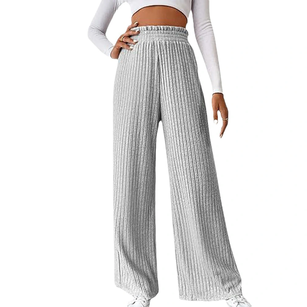 Women Wide Leg Rib Knit Pants Solid Loose Ribbed Knit Elastic Waist Pure Color All Match Casual Long Pants Light Gray XXL