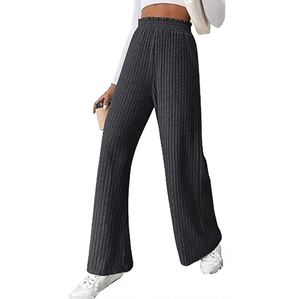 Women Wide Leg Rib Knit Pants Solid Loose Ribbed Knit Elastic Waist Pure Color All Match Casual Long Pants Dark Gray XL