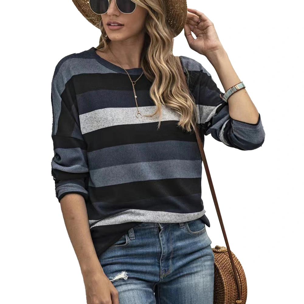 Women Round Neck T Shirt Stripe Printing Color Blocking Long Sleeves Casual Loose Fit Blouse Blue M