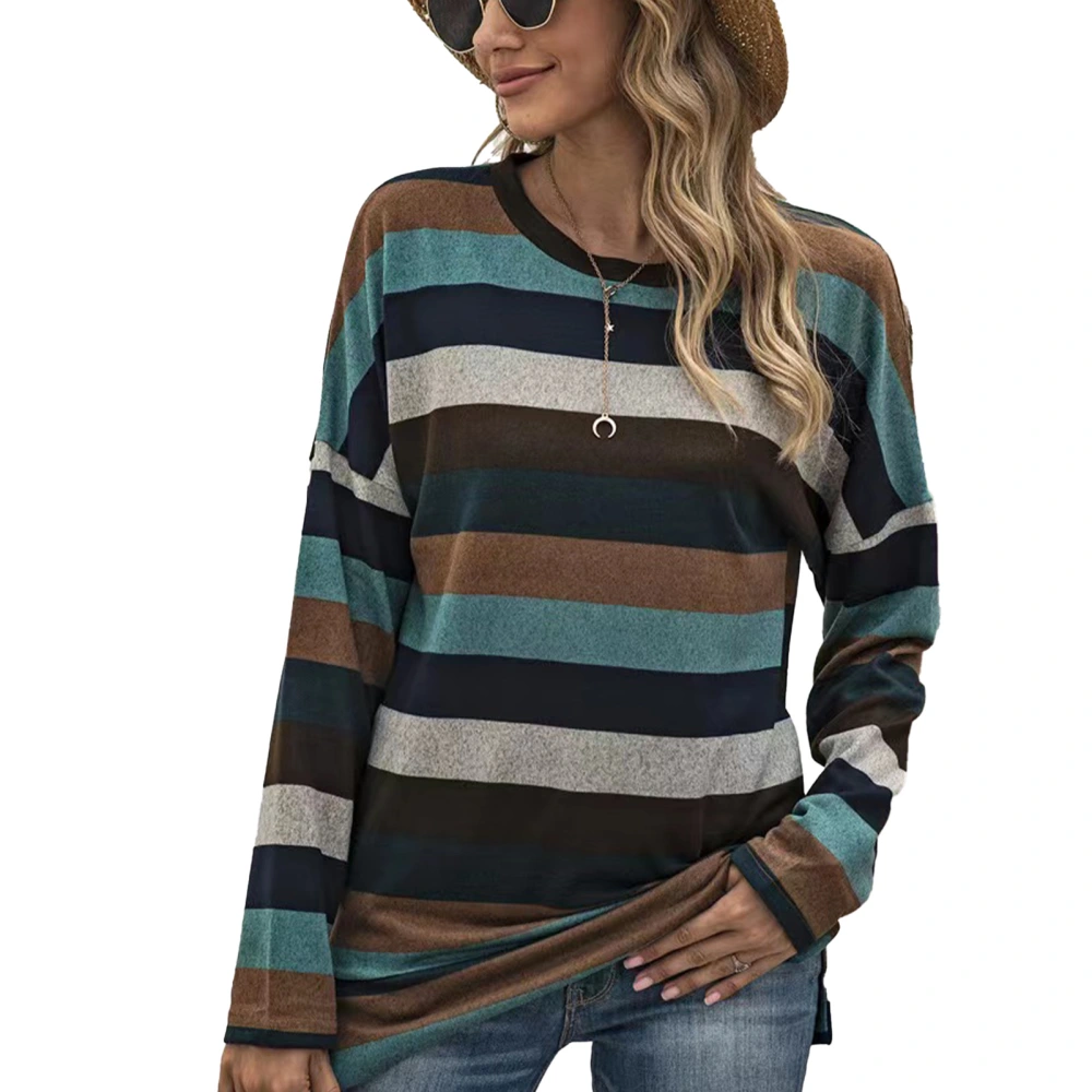 Women Round Neck T Shirt Stripe Printing Color Blocking Long Sleeves Casual Loose Fit Blouse Khaki XL