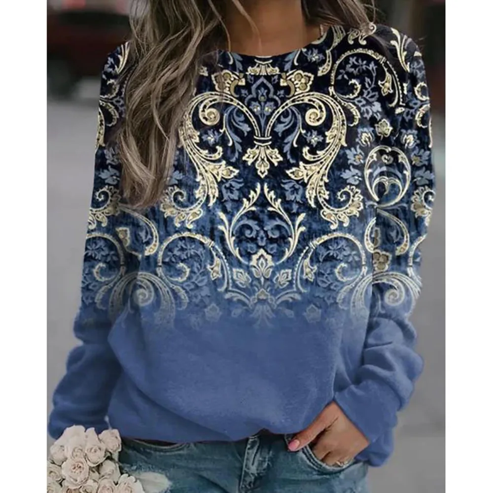 Women Floral Print Long Sleeve Top Crew Neck Loose Fit Casual Dressy Pullover Basic T Shirt Blue S