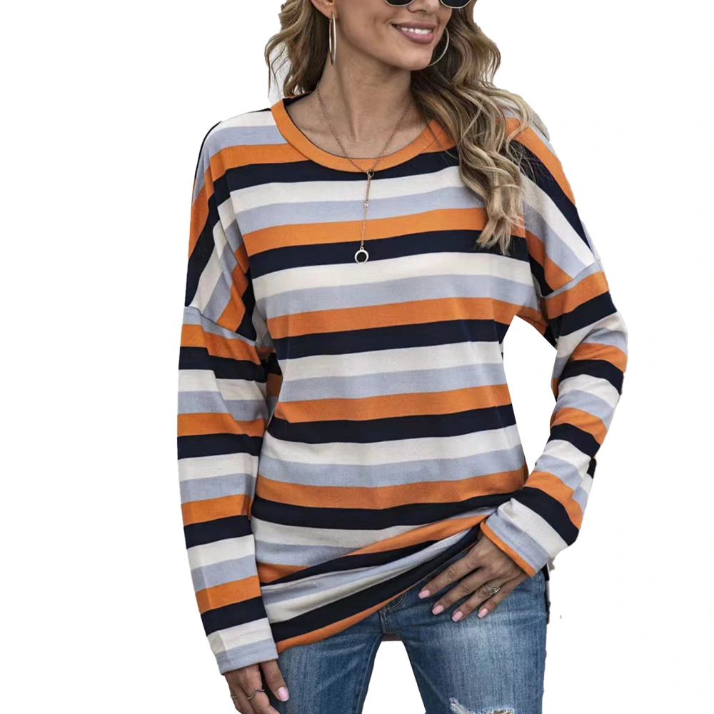 Women Round Neck T Shirt Stripe Printing Color Blocking Long Sleeves Casual Loose Fit Blouse Orange L