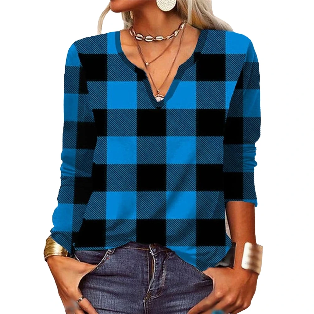 Women V Neck Plaid Shirt Long Sleeve Loose Fit Casual Versatile Plaid Pullover Top Blue L