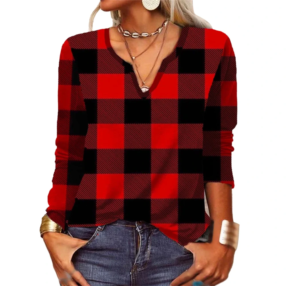 Women V Neck Plaid Shirt Long Sleeve Loose Fit Casual Versatile Plaid Pullover Top Red L