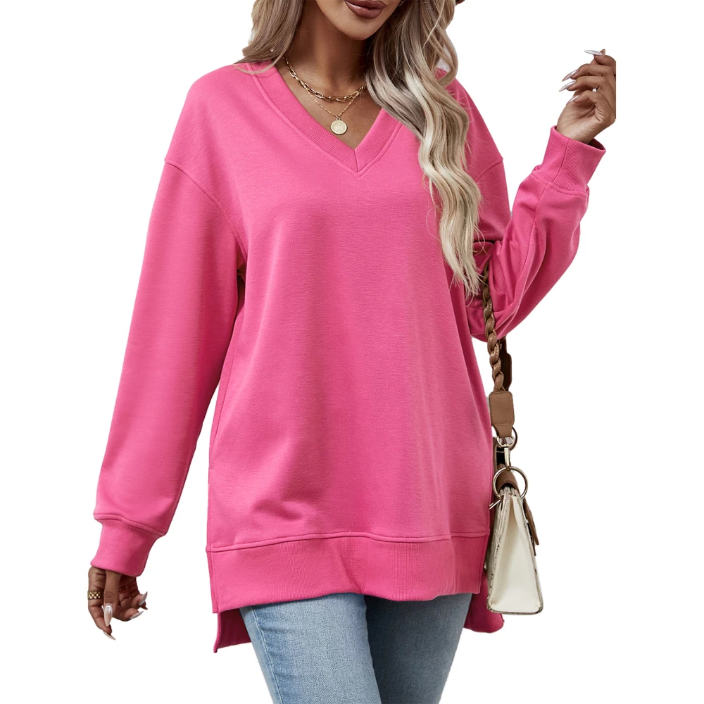 Women Long Sleeves Sweatshirt V Collar Loose Fitting Split Hem Pure Color Casual Pullover Top for Daily Wear Rose Red L