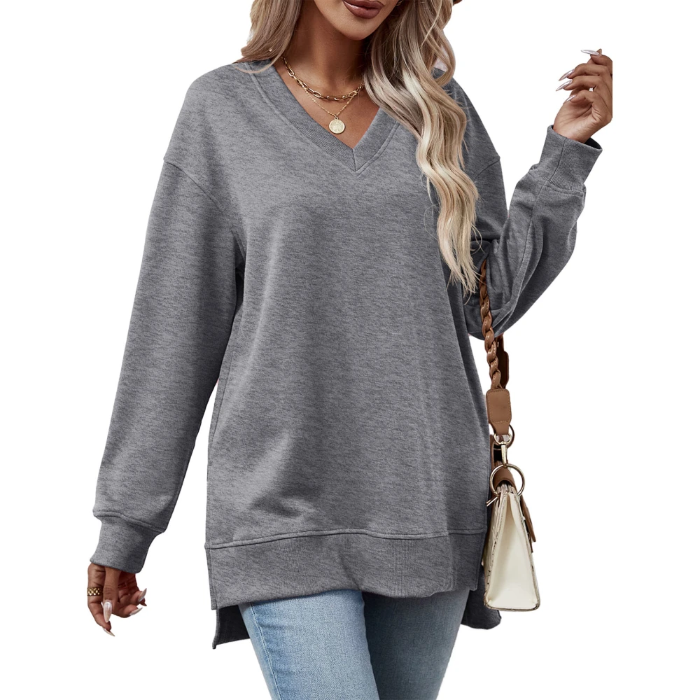 Women Long Sleeves Sweatshirt V Collar Loose Fitting Split Hem Pure Color Casual Pullover Top for Daily Wear Grey L