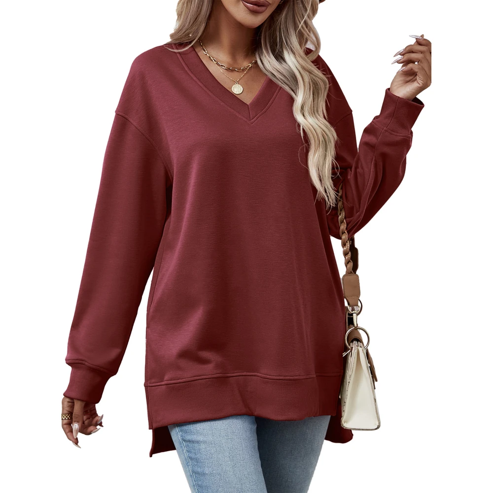 Women Long Sleeves Sweatshirt V Collar Loose Fitting Split Hem Pure Color Casual Pullover Top for Daily Wear Burgundy M