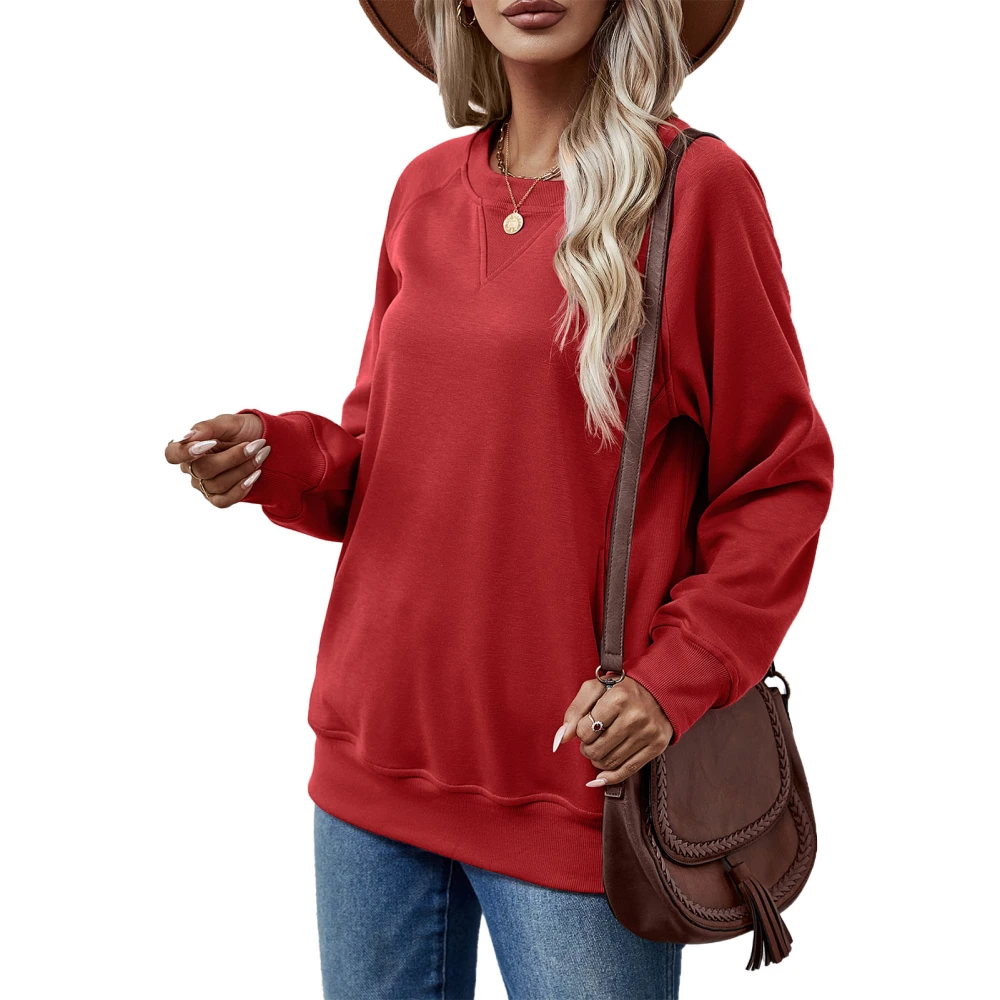 Women Long Sleeve Sweatshirt Crew Neck Loose Fit Pure Color Casual Pullover Sweatshirt Top Red L