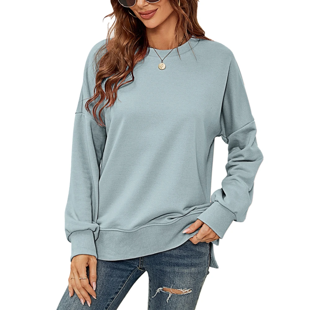 Women Long Sleeve Sweatshirt Round Neck Side Slit Loose Women Pullover Sweatshirt Top for Daily Travel Office Light Grey S