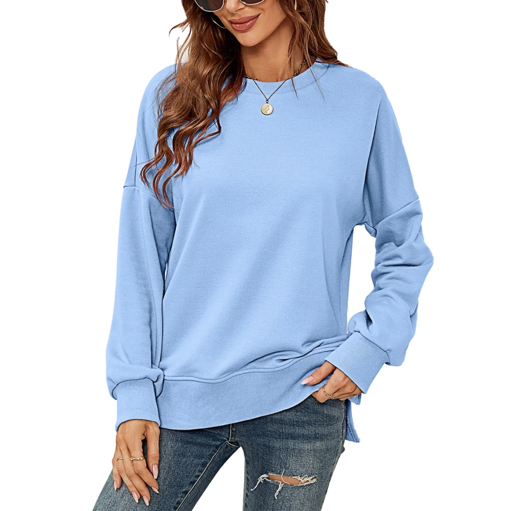 Women Long Sleeve Sweatshirt Round Neck Side Slit Loose Women Pullover Sweatshirt Top for Daily Travel Office Blue S