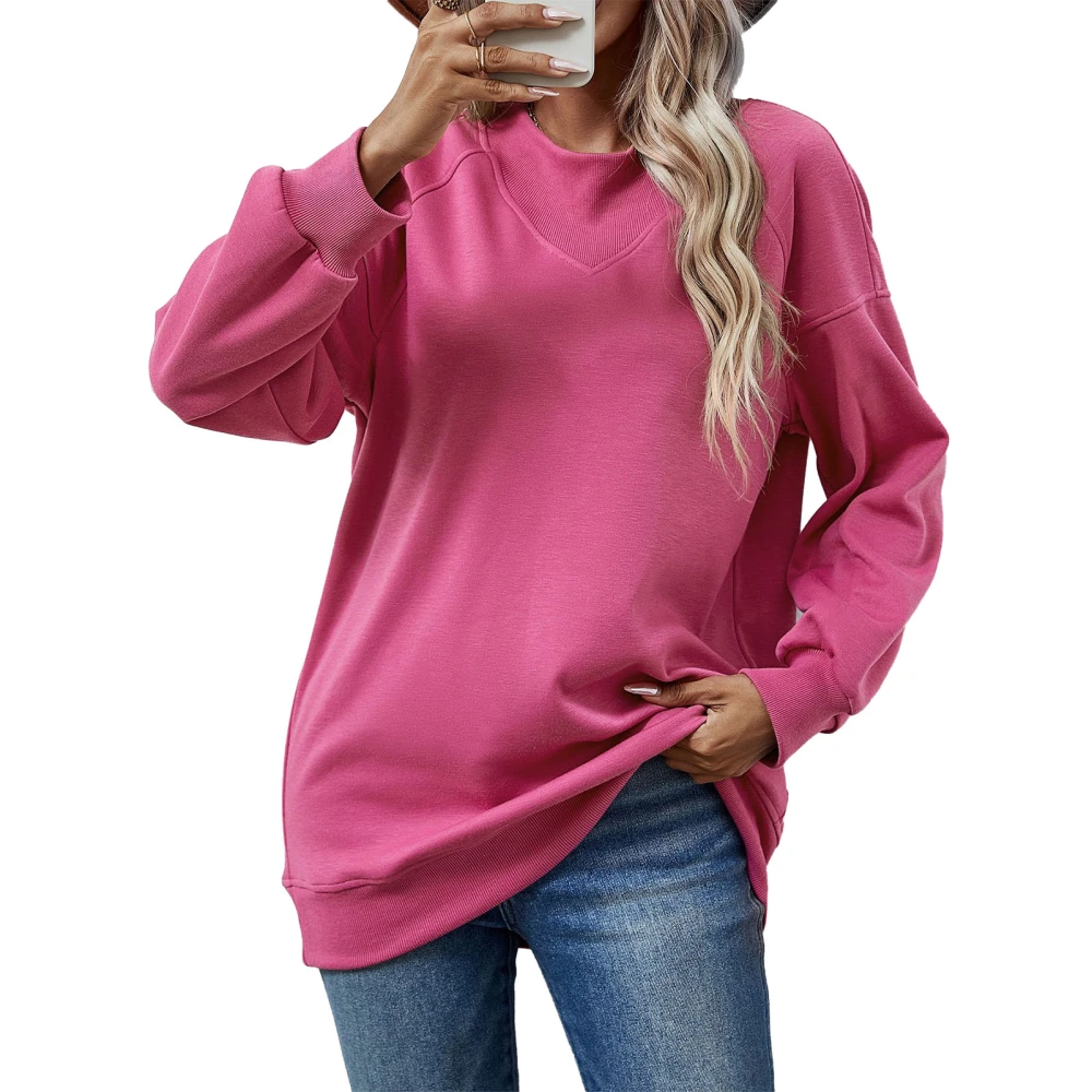 Women Long Sleeve Solid Loose Sweatshirt Round Neck Pure Color Casual All Match Pullover Sweatshirt Rose Red M