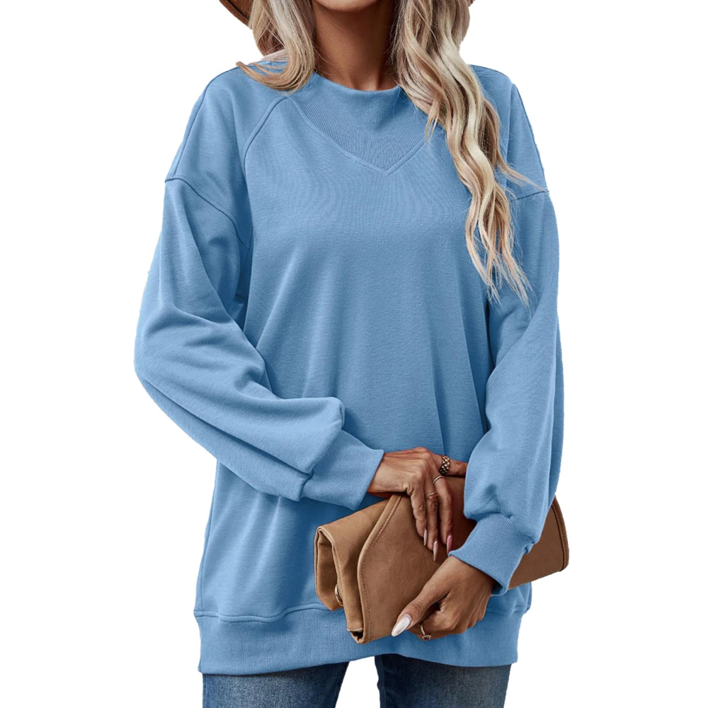 Women Long Sleeve Solid Loose Sweatshirt Round Neck Pure Color Casual All Match Pullover Sweatshirt Sky Blue L