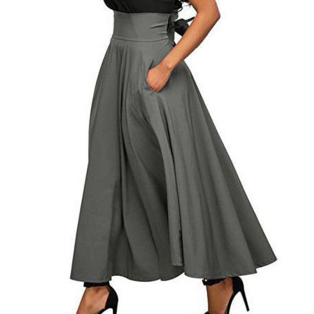 Women A Line Flowy Long Skirt High Waisted Tie Back Pure Color Ankle Length Swing Maxi Skirt with Side Pockets Gray XL