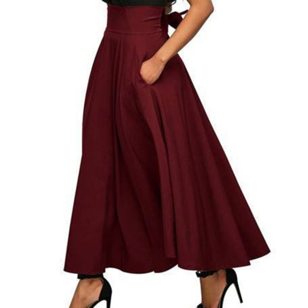 Women A Line Flowy Long Skirt High Waisted Tie Back Pure Color Ankle Length Swing Maxi Skirt with Side Pockets Burgundy S