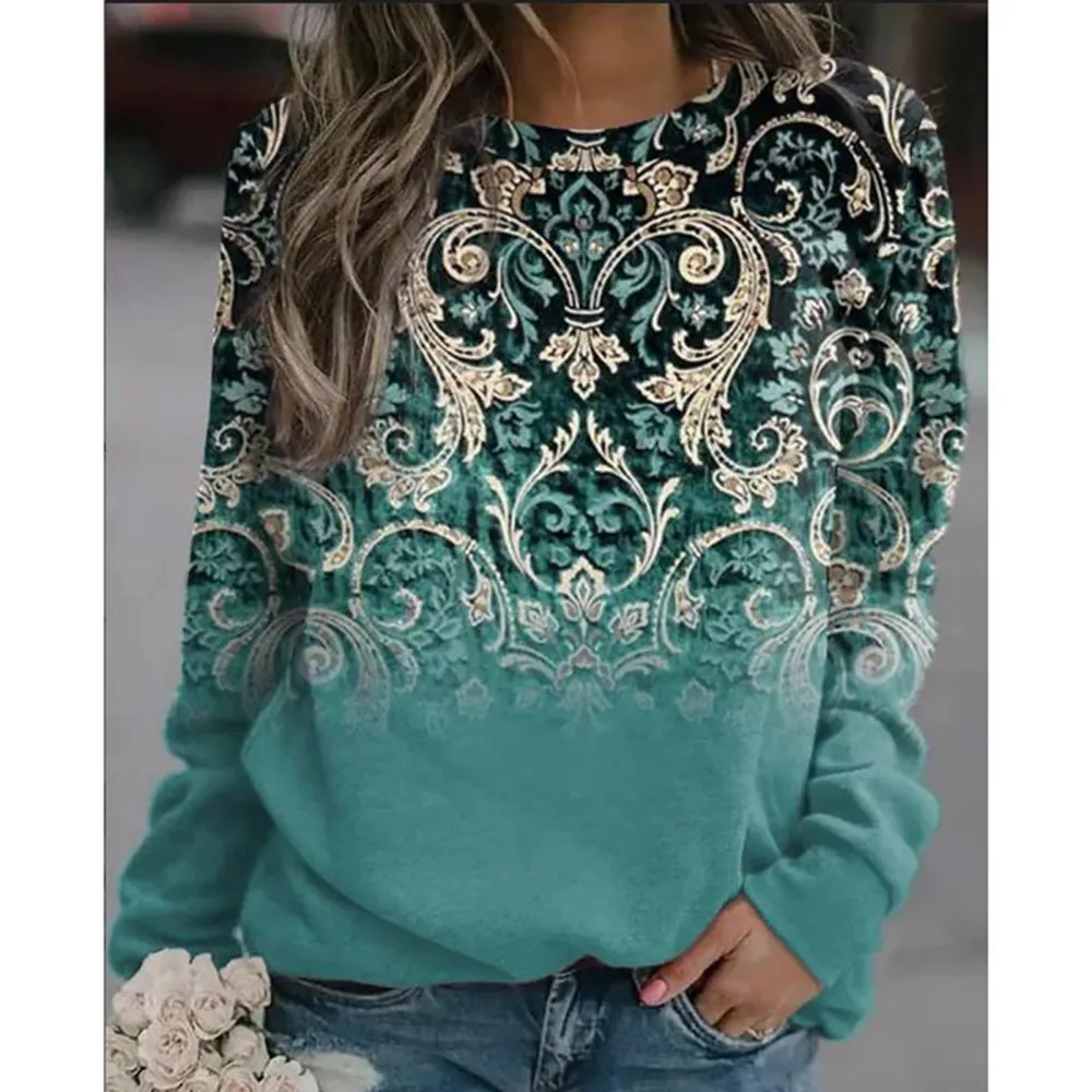 Women Floral Print Long Sleeve Top Crew Neck Loose Fit Casual Dressy Pullover Basic T Shirt Green M