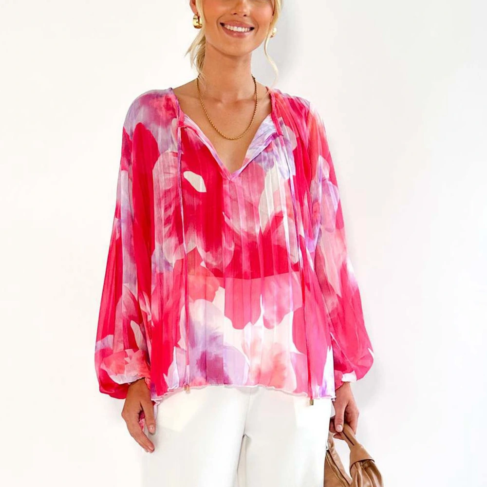 Women V Neck Printing Shirt Long Lantern Sleeves Tie Neck Casual Loose Fit Blouses Pink XL