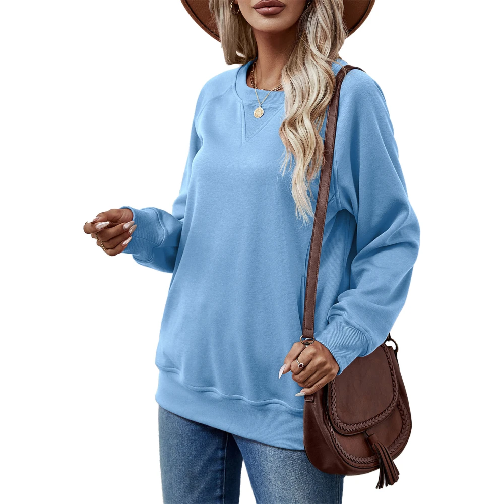 Women Long Sleeve Sweatshirt Crew Neck Loose Fit Pure Color Casual Pullover Sweatshirt Top Sky blue M