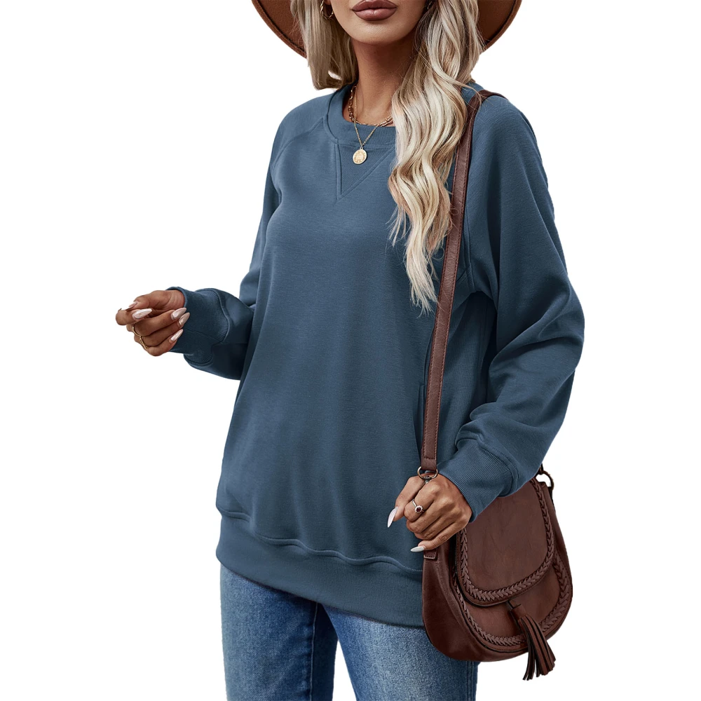 Women Long Sleeve Sweatshirt Crew Neck Loose Fit Pure Color Casual Pullover Sweatshirt Top Steel blue L