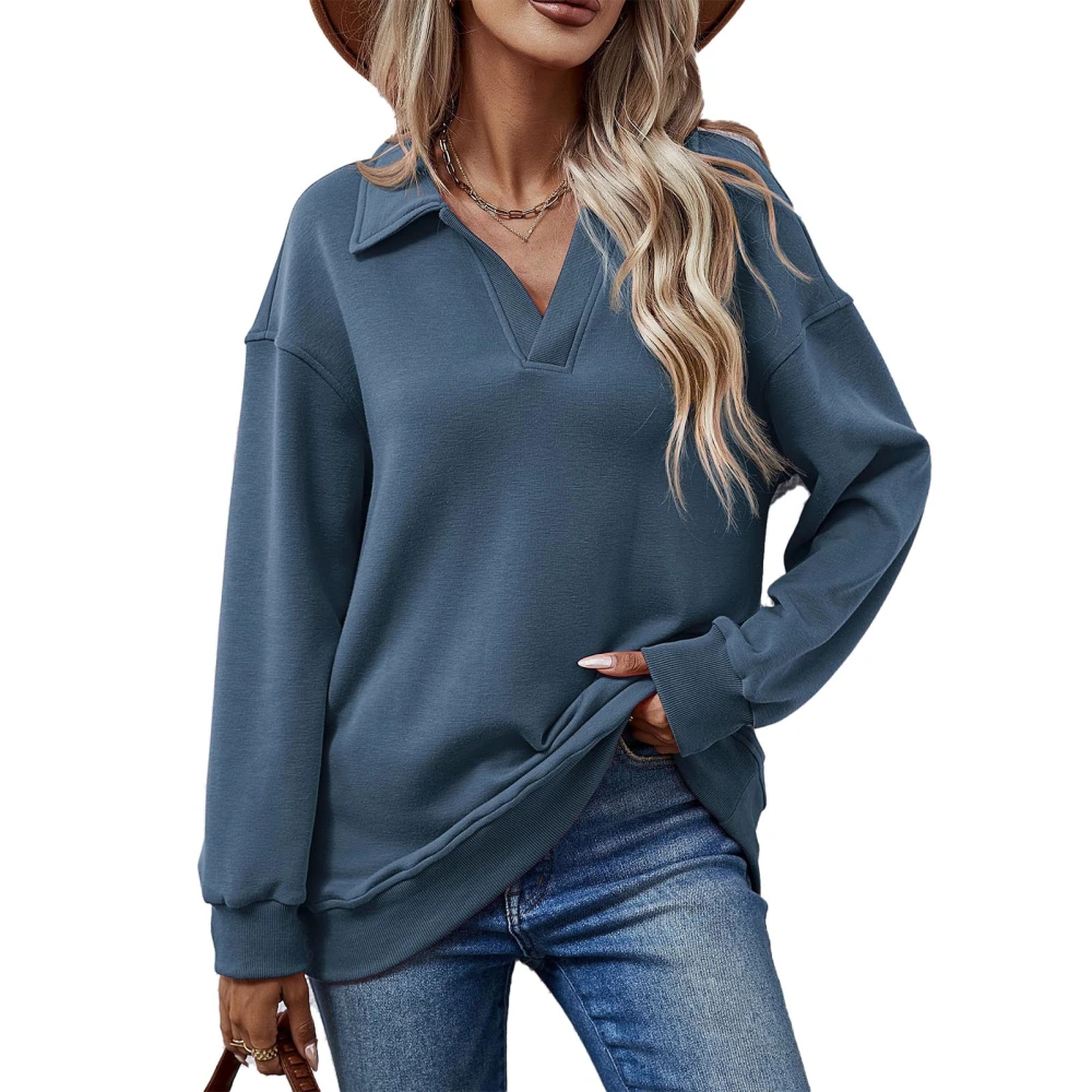 Women Fleece Sweatshirt Casual Fitted Long Sleeve V Neckline Fleece Sweatshirt Pullover for Party Daily Life Steel Blue M