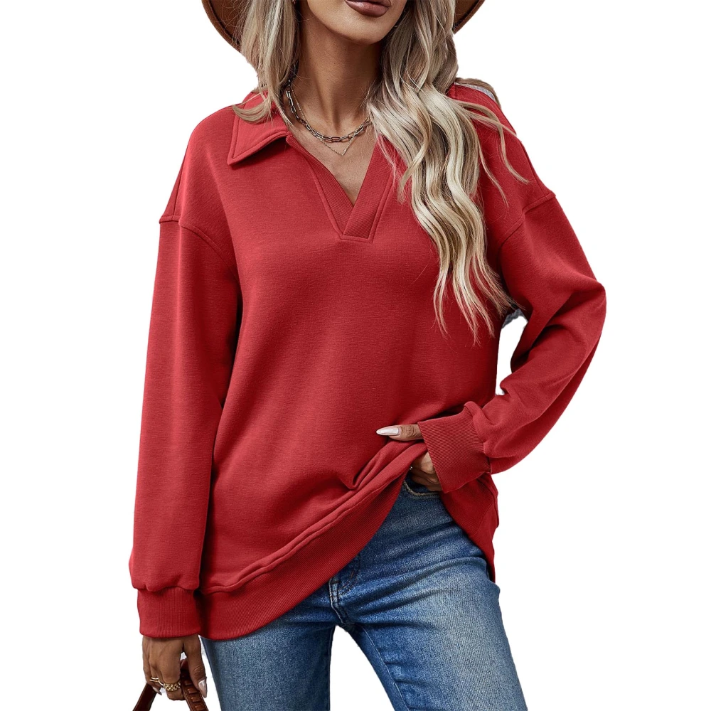 Women Fleece Sweatshirt Casual Fitted Long Sleeve V Neckline Fleece Sweatshirt Pullover for Party Daily Life Red M