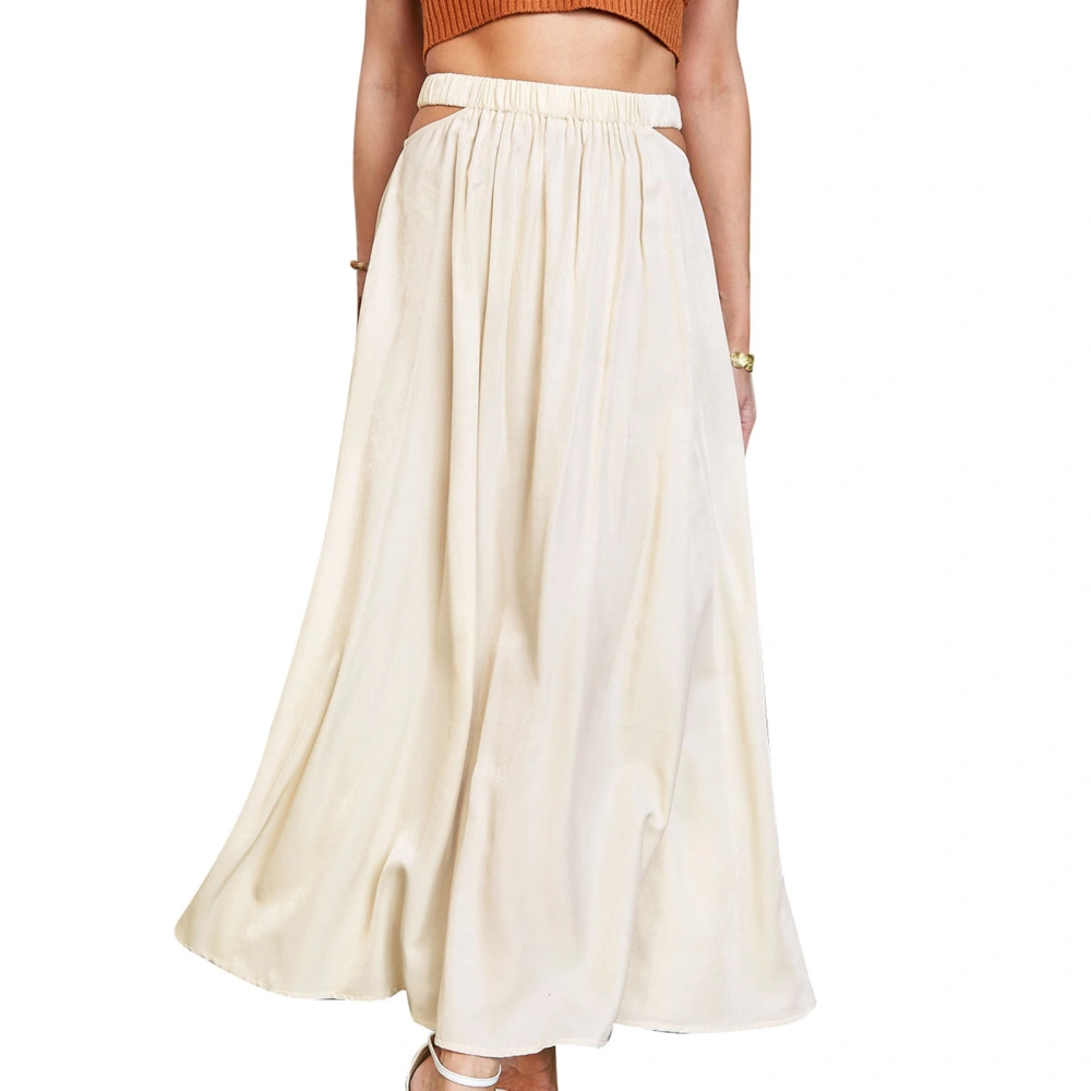 Women Skirt High Waist Side Hollow Out Pure Color Casual Long Style Flowy Hemline A Line Skirt for Party Shopping Beige M