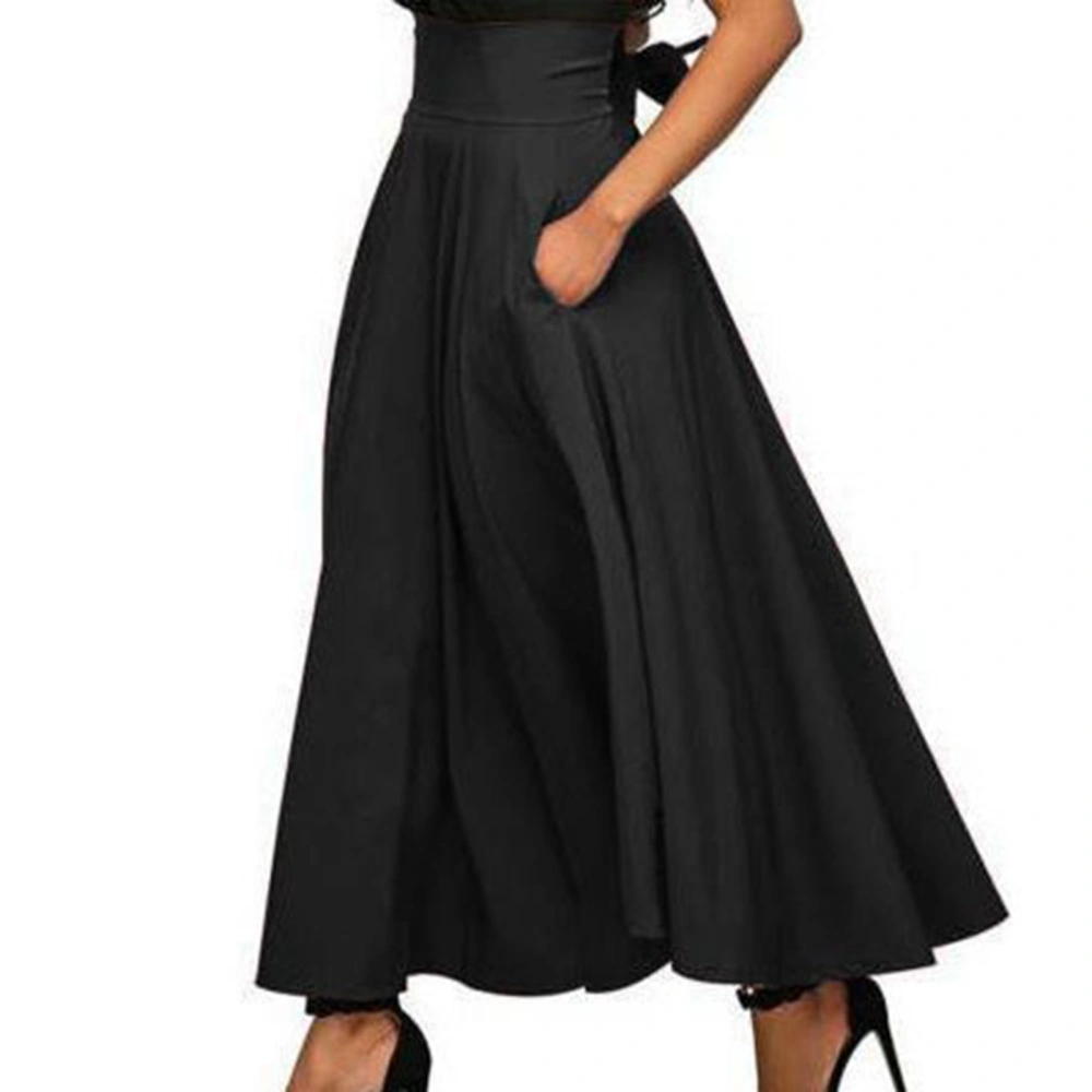 Women A Line Flowy Long Skirt High Waisted Tie Back Pure Color Ankle Length Swing Maxi Skirt with Side Pockets Black M