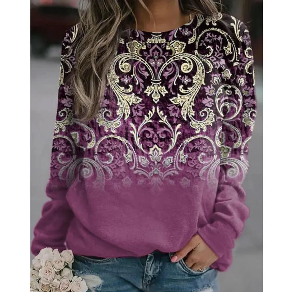 Women Floral Print Long Sleeve Top Crew Neck Loose Fit Casual Dressy Pullover Basic T Shirt Magenta S