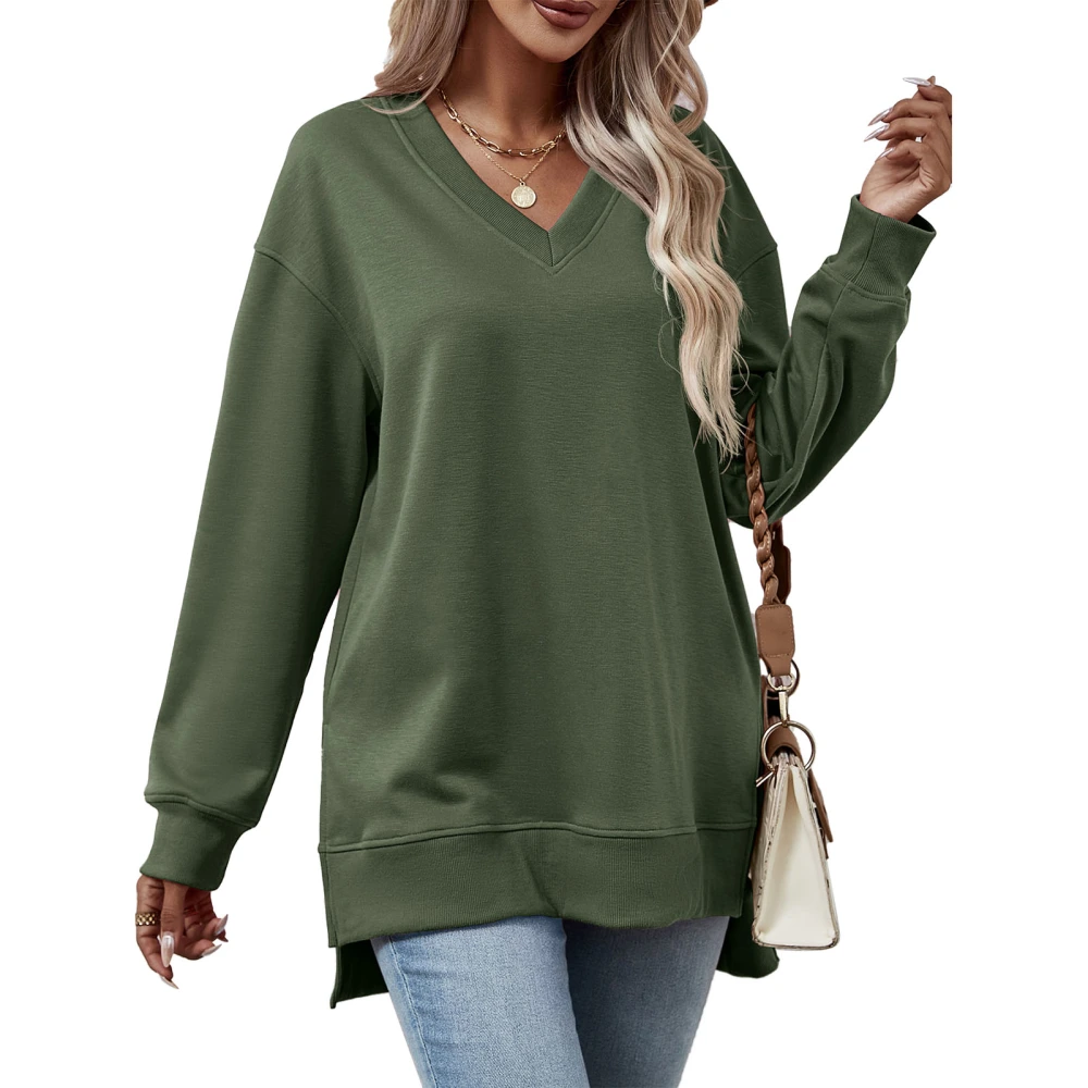 Women Long Sleeves Sweatshirt V Collar Loose Fitting Split Hem Pure Color Casual Pullover Top for Daily Wear Dark Green M