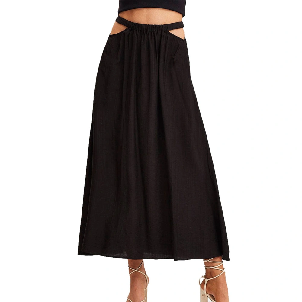 Women Skirt High Waist Side Hollow Out Pure Color Casual Long Style Flowy Hemline A Line Skirt for Party Shopping Black L