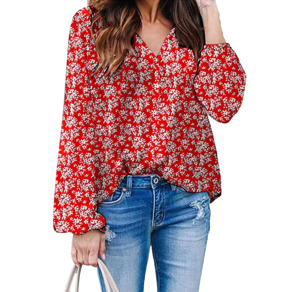 Women Casual Print V Neck Shirt Loose Printed Pullover Blouse Long Sleeve All Match Blouse Red S