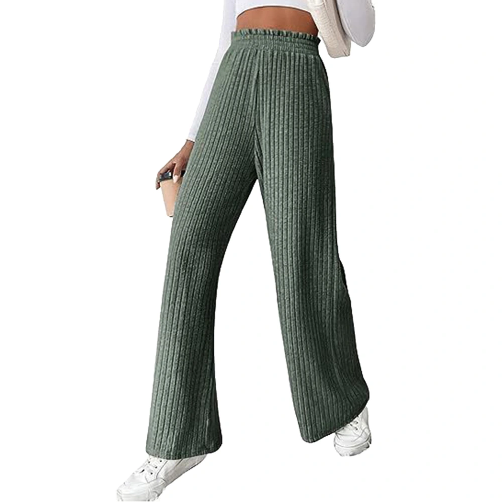 Women Wide Leg Rib Knit Pants Solid Loose Ribbed Knit Elastic Waist Pure Color All Match Casual Long Pants Green XXL