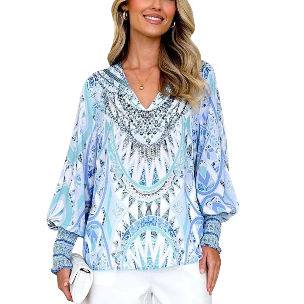 Women Long Puff Sleeves Shirt V Neck Special Printing Shirred Cuffs Casual Loose Fit Blouses Sky Blue XL