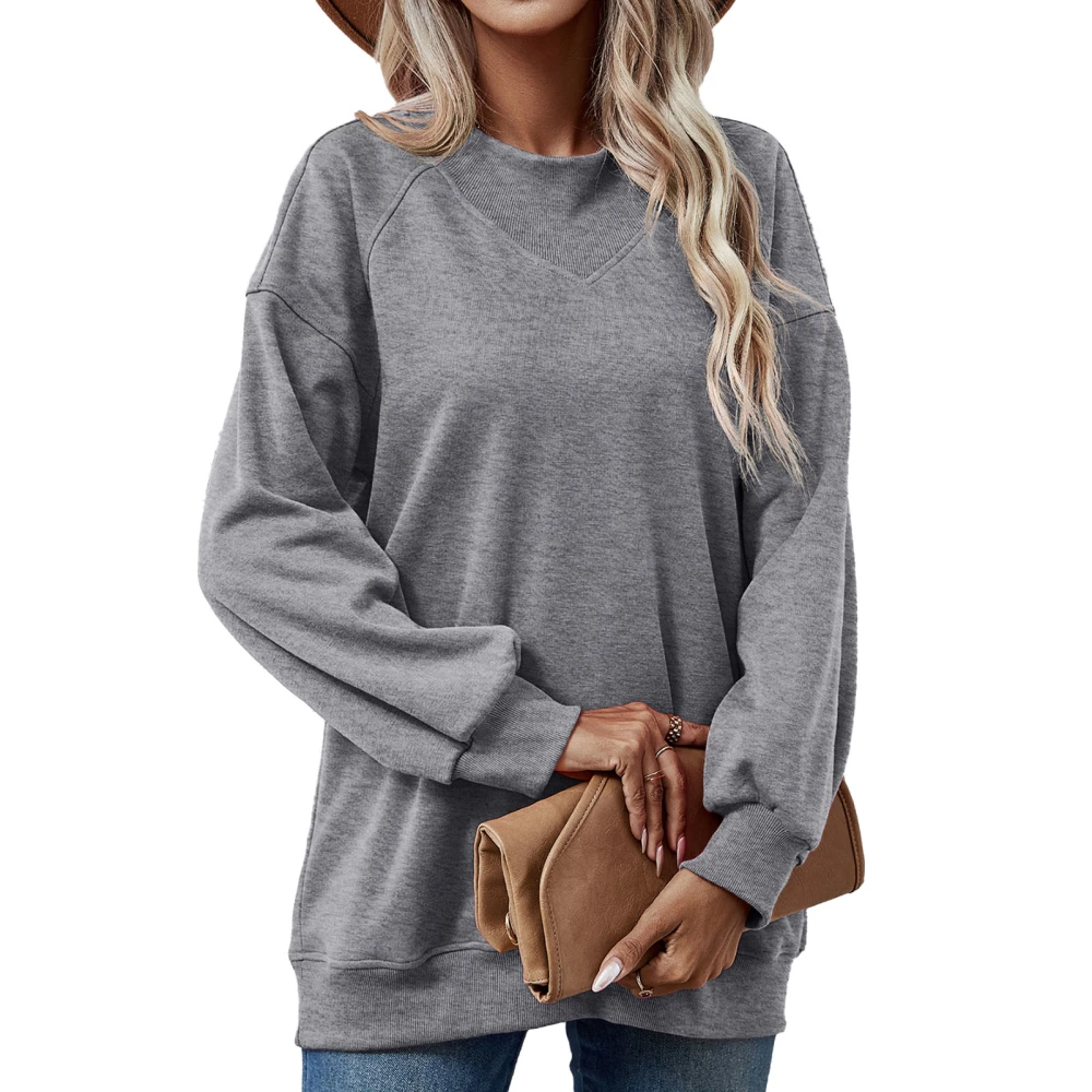 Women Long Sleeve Solid Loose Sweatshirt Round Neck Pure Color Casual All Match Pullover Sweatshirt Grey L